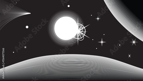 Stars and exoplanet in outer space. Futuristic landscape, with lines . Night landscape with starry sky .Vector illustration 