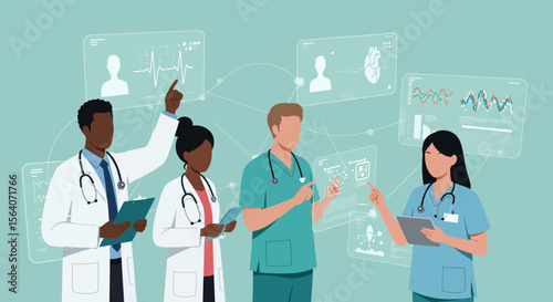 Modern Healthcare Professionals Collaborating Using Advanced Digital Technology and Data Visualization Tools in a Contemporary Medical Setting for Enhanced Patient Care and Research Exploration