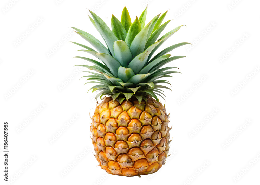 Fototapeta premium A ripe pineapple with spiky green leaves is isolated on transparent background, showcasing its tropical texture and vibrant colors