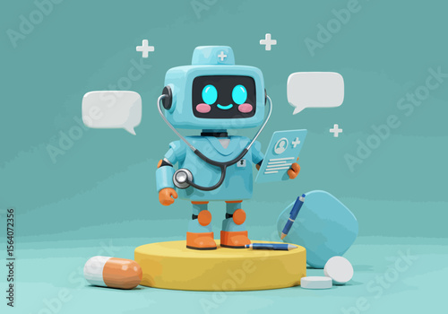 Friendly healthcare robot with stethoscope and medical chart offering assistance and advice in a digital health consultation