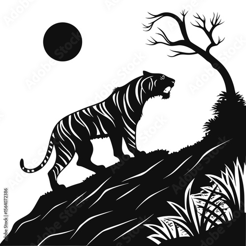 Tiger Silhouette Isolated Wild Animal on White Background