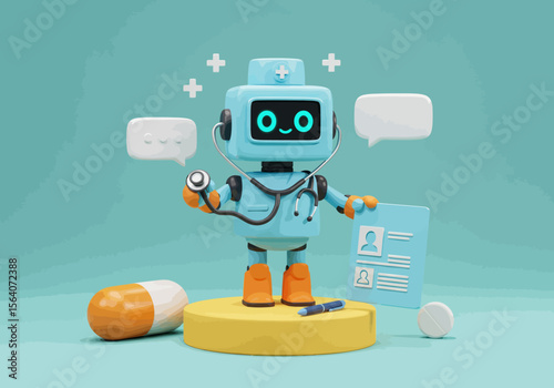 An AI powered medical assistant robot with a stethoscope and chart is helping patients and discussing their health and well-being with speech bubbles