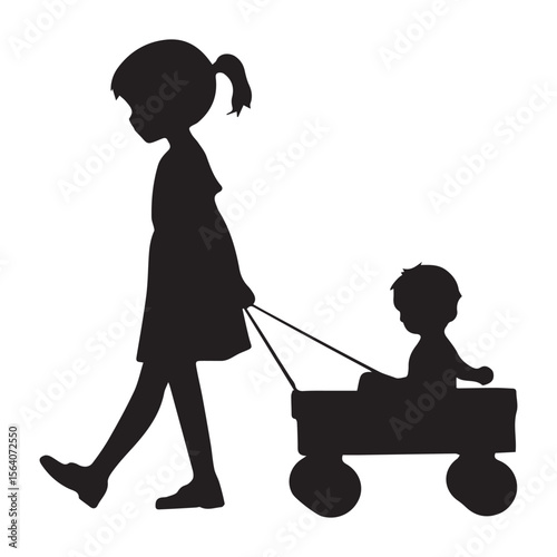 Silhouette of a girl pulling a wagon with a baby inside
