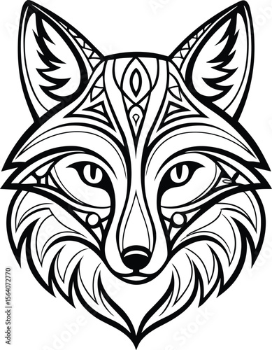 Detailed Black and White Fox Head Design Tribal Tattoo Style Ornate Geometric Patterns Intricate Line Work Vector Illustration Artwork Vector Illustration