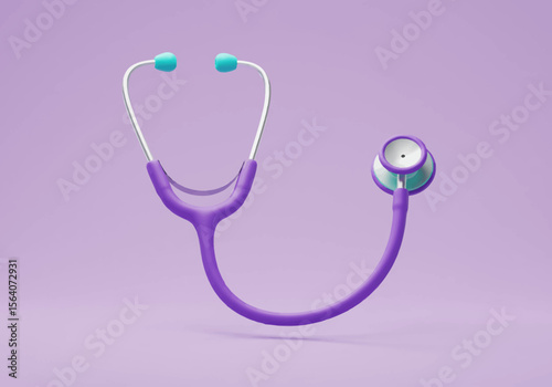 A vibrant purple stethoscope with teal accents stands out against a soft lavender background symbolizing healthcare and medical examination