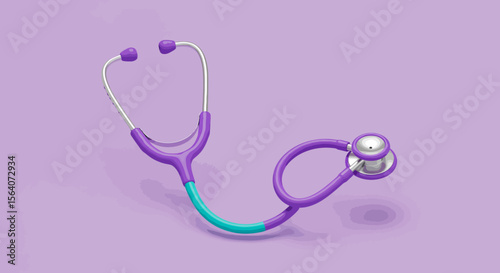 A modern 3D illustration of a purple and teal stethoscope elegantly positioned against a soft pastel purple background with subtle lighting and shadows