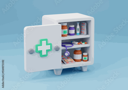 A 3D illustration of a compact white medicine cabinet with an open door displaying medical supplies and a stethoscope on a clean blue background