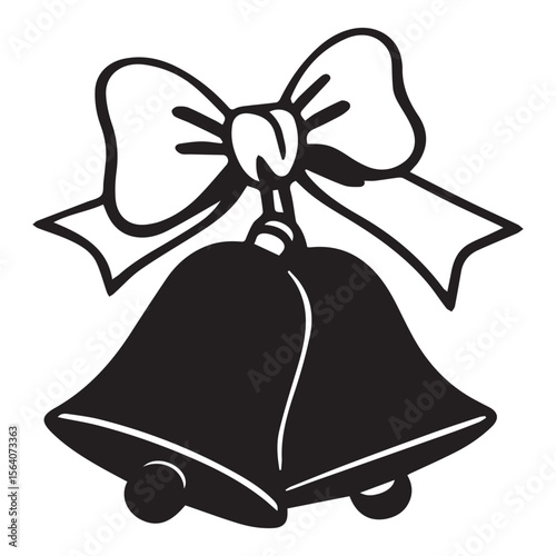 Simple black and white illustration of two christmas bells tied with a bow