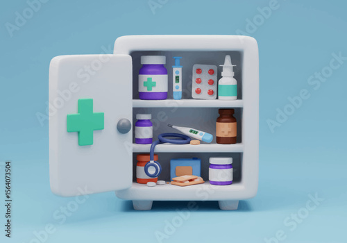 A bright and cheerful 3d rendering of a medical cabinet filled with essential remedies for home healthcare and wellness practices