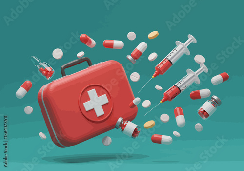 Comprehensive Collection of Medical Supplies Including First Aid Kit Syringes Pharmaceuticals and Pills Representing Healthcare and Treatment Concepts