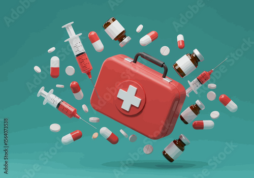 Medical supplies and equipment including a first aid kit syringes and various pills and capsules creating a sense of healthcare and emergency preparedness with a blue background