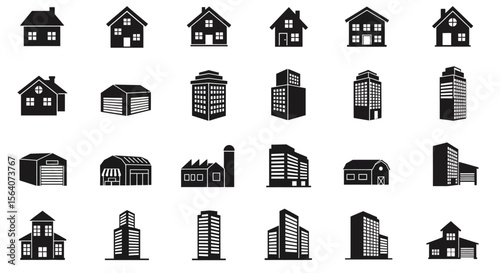 Collection of Various Residential and Commercial Building Icons Illustrating Architecture and Construction Concepts