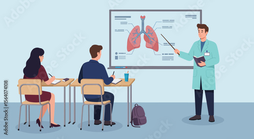 Anatomy Lesson Explaining the Respiratory System and Lung Health to Students in a Modern Classroom Setting with a Teacher Demonstrating on a Digital Board