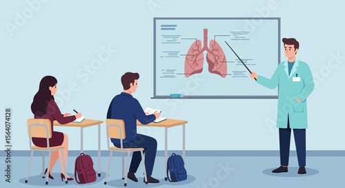 Anatomy lesson on the respiratory system with a focus on the lungs presented to students in a classroom setting by a knowledgeable instructor