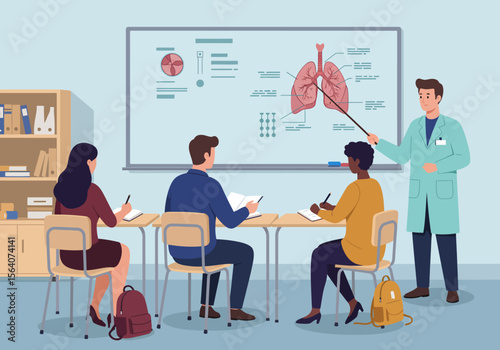 Anatomy Lesson Focused on the Human Respiratory System with Detailed Lungs Diagram and Teacher Guidance During a Medical Education Class
