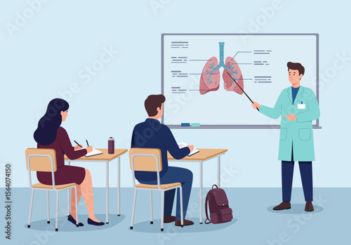Anatomy Education Session Demonstrating the Human Respiratory System and Lungs to Students in a Classroom Setting