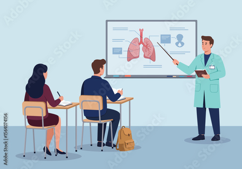 A Medical Educator Demonstrates the Anatomy and Function of Human Lungs on a Large Interactive Digital Whiteboard During an Engaging Classroom Lecture for Attentive Students