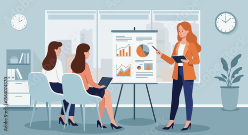 A Dedicated Female Professional Leads an Engaging Business Presentation to Attentive Colleagues in a Modern Office Environment Demonstrating Growth Strategies