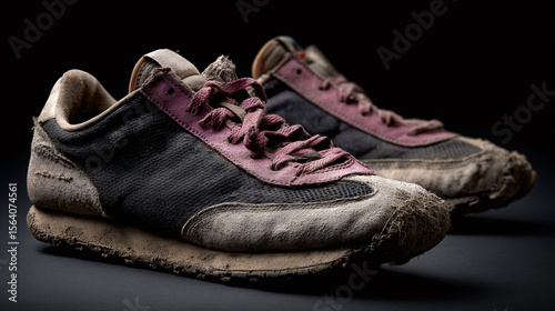 Worn-Out Sport Shoes: Vintage athletic shoes in a state of aged disrepair, displayed against a dark backdrop, showcasing their weathered condition.
