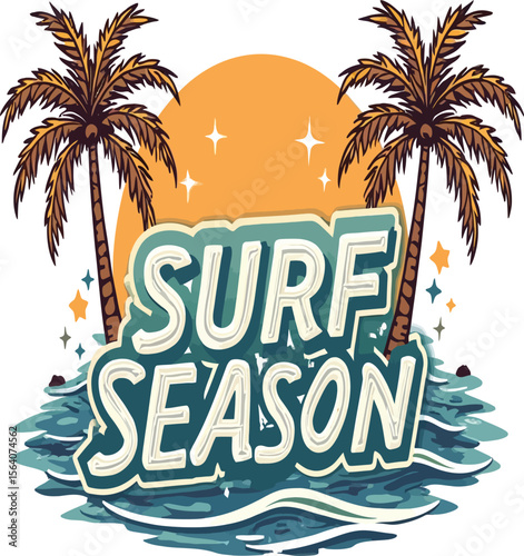 Surf Season Poster with Retro Tropical Beach sticker Design tshirt