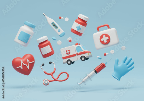 Comprehensive Collection of Medical Supplies and Equipment Including A Heart Monitor An Ambulance Stethoscope And Essential Pharmaceutical Items
