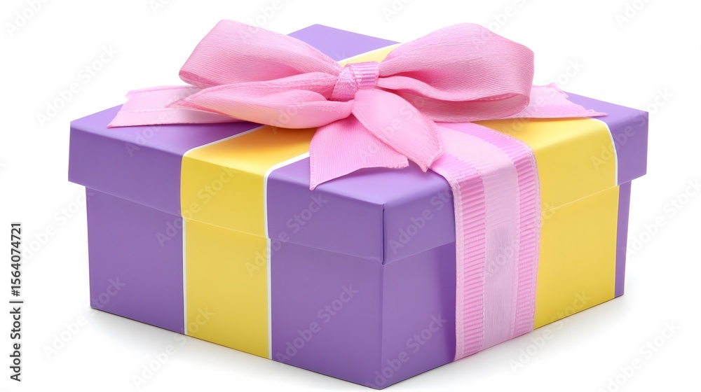 Fototapeta premium Purple Yellow Gift Box with Pink Ribbon Bow