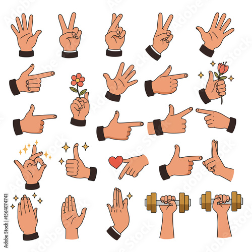 Collection of Diverse Hand Gestures and Symbols for Communication and Expression Demonstrating Various Emotions and Actions with Clarity