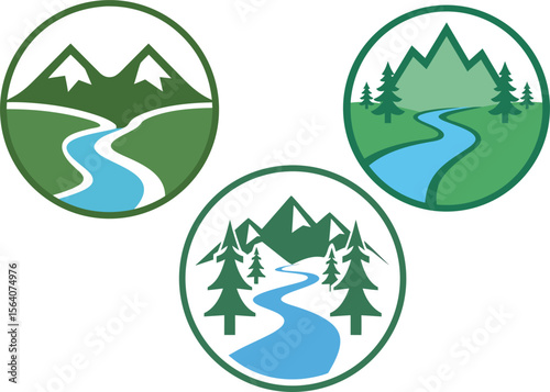 A set of vector emblems with mountains, river and forest - the concept of nature, ecotourism, nature reserves and outdoor activities