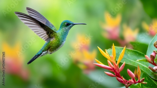 Green crowned brilliant hummingbird flying near colorful flower in tropical forest photo