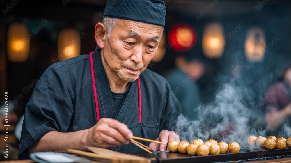 Fototapeta premium Japanese chef cooking takoyaki on street food stall in osaka