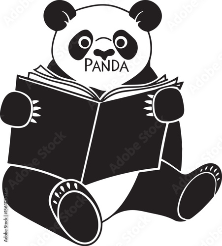 A cute panda is reading a book, panda vector design, panda silhouette, panda transparent background