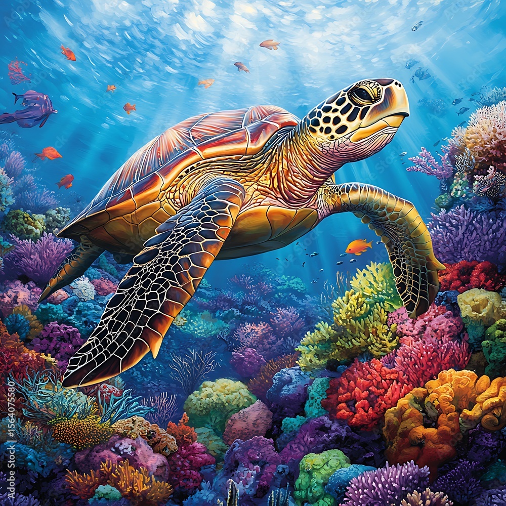 Fototapeta premium Ocean turtle exploring lively coral landscape underwater high resolution picture