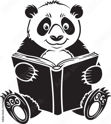 A cute panda is reading a book, panda vector design, panda silhouette, panda transparent background
