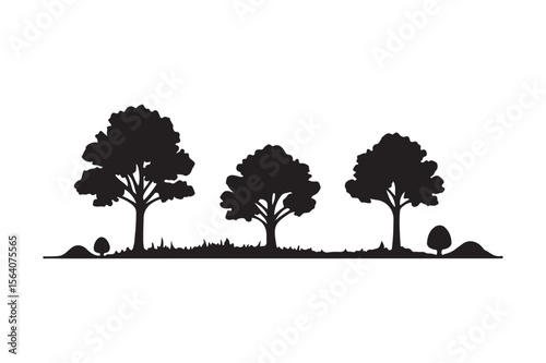 Silhouetted trees on a grassy hillside with small bushes