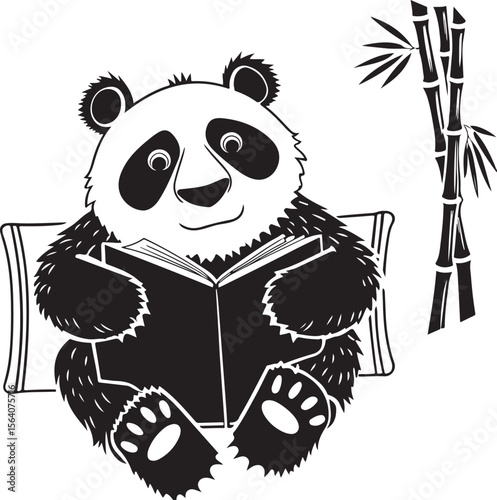 A cute panda is reading a book, panda vector design, panda silhouette, panda transparent background