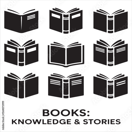 Collection of nine black open book icons representing knowledge and stories