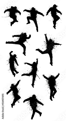 Dynamic Silhouettes Collection: Energetic Jumping and Falling Human Figures with Paint Splatter Grunge Effects – Abstract Motion and Freedom Art