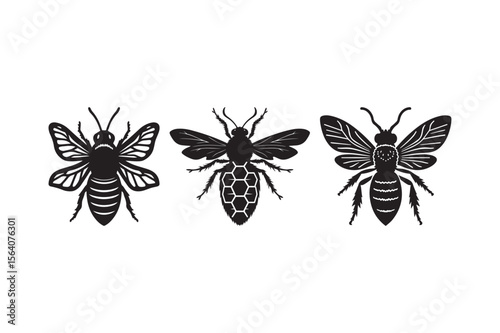 Stylized black silhouettes of bees on a white background