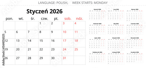 2026 year polish calendar planner. vector illustration set for Poland
