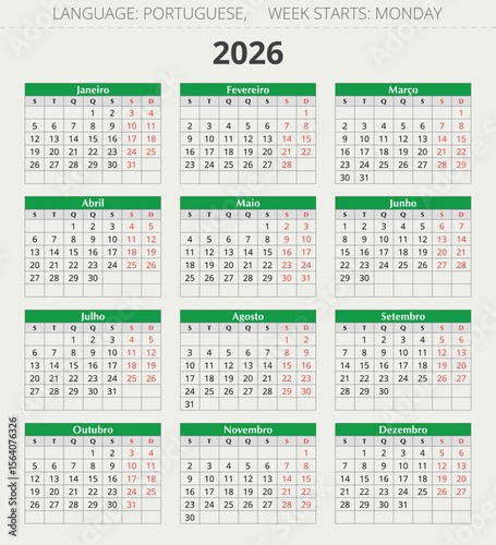 PORTUGUESE calendar for 2026 year. vector illustration for Portugal