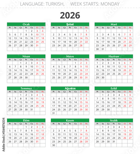 2026 year turkish calendar. Vector illustration Turkey
