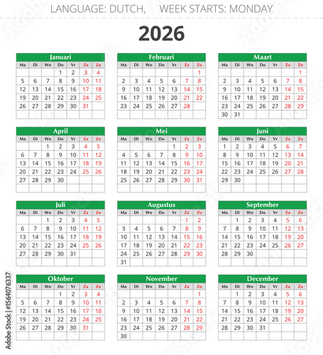 Dutch calendar for 2026. Vector illustration Dutch. 12 months year kalender