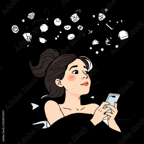 a female using mobile while sleeping on bd 