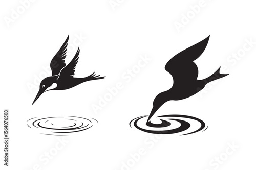 Silhouettes of birds diving into water creating ripples
