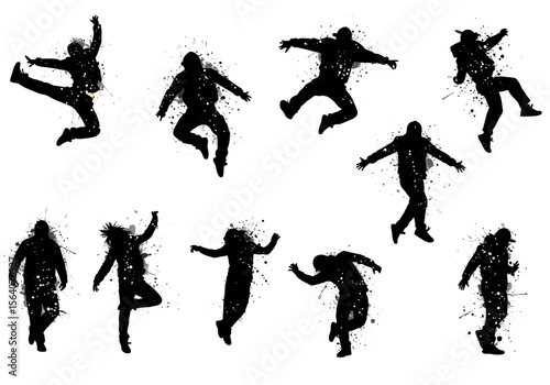 Collection of Dynamic Silhouette Figures Captured Mid-Leap and in Energetic Poses with Splattered Paint Effects for Creative Design Projects and Athletic Themes