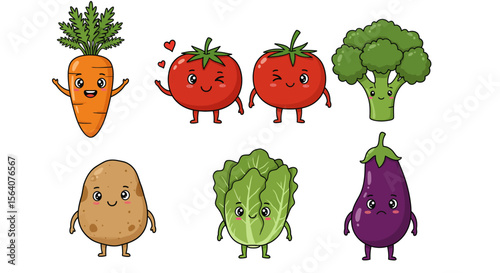 Cute Kawaii Cartoon Vegetables Characters Tomato Carrot Broccoli Potato Lettuce Eggplant Fun Food Illustration