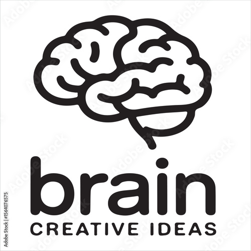 Stylized black and white illustration of a brain with the word brain and creative ideas