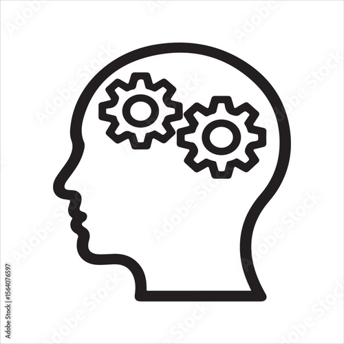 Simple black outline of a human head with two gears meshing inside