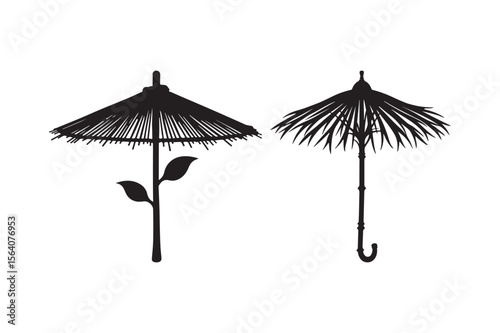 Silhouette umbrellas one with leaves and one with a hook