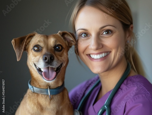 Female veterinarian caring for a dog patient in a bright clinic, showing gentle professionalism.
